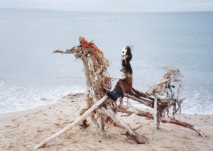 The Grim Reaper in beach debris, 1996, Kingston-on-Spey beach.