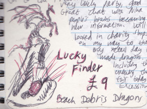 An old hand-made, one-off price tag stuck in a hand-made one-off old diary.